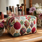Quilted make-up bag with round glass baubles in red, green and gold hanging between pine sprigs, small stars and candy stripes in the Jolly Bauble design