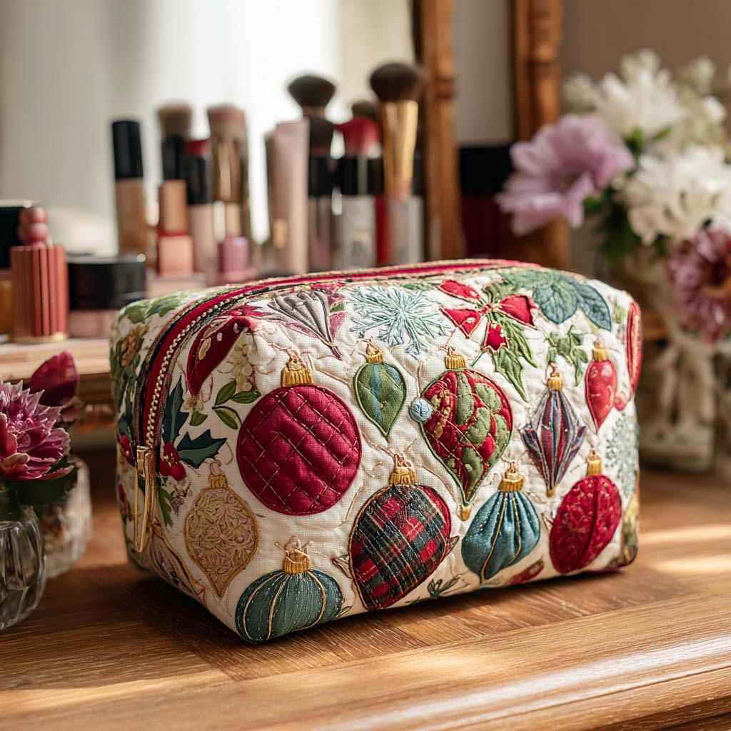 Quilted make-up bag with round glass baubles in red, green and gold hanging between pine sprigs, small stars and candy stripes in the Jolly Bauble design