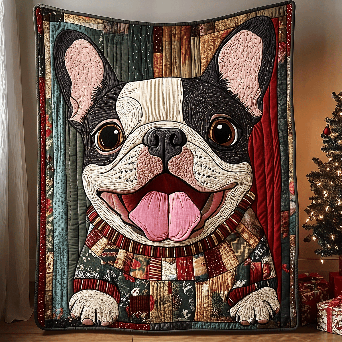 Jolly Frenchie quilted throw – grinning French Bulldog in a jumper