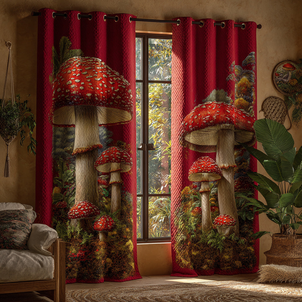 Red Toadstool Grove quilted curtains – giant red toadstools