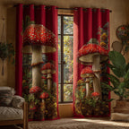Red Toadstool Grove quilted curtains – giant red toadstools