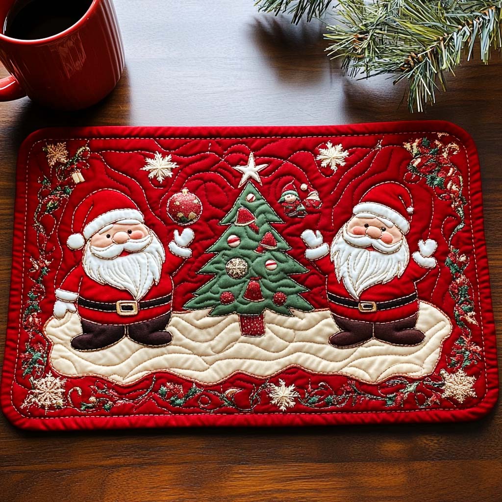 Jolly Santa Twins quilted placemats – two Santas and a tree