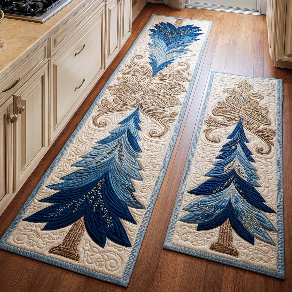 Blue Pine Elegance kitchen mat set – blue patterned pines