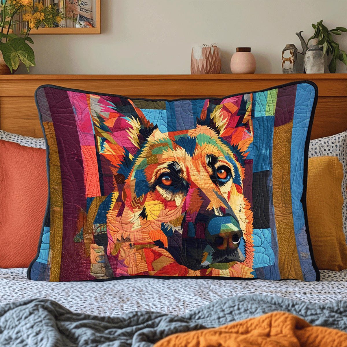 Patchwork German Shepherd quilted pillowcase – german Shepherd face in bright patchwork