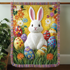 Joyful Easter Bunny woven sofa throw – white bunny among bright eggs