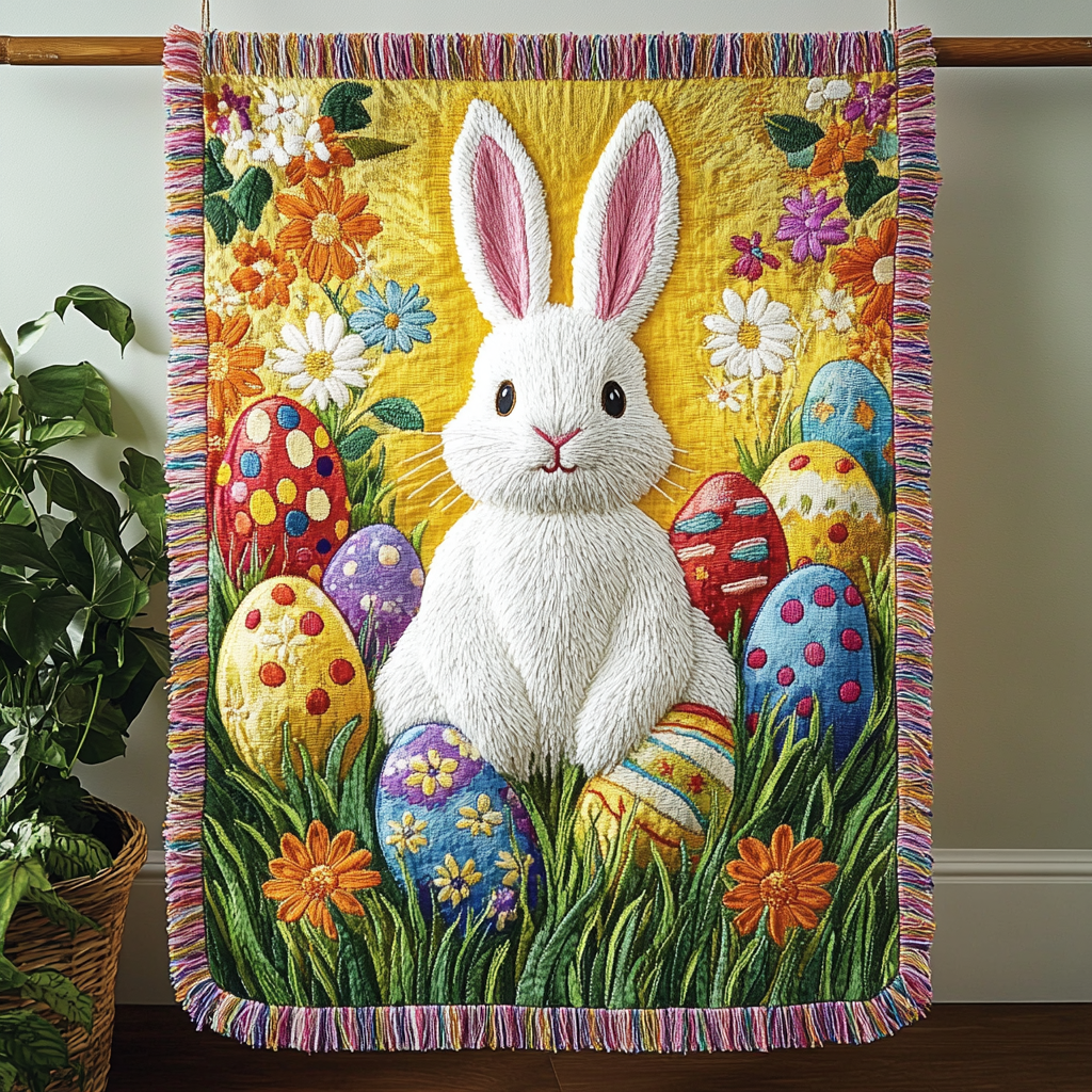 Joyful Easter Bunny woven sofa throw – white bunny among bright eggs