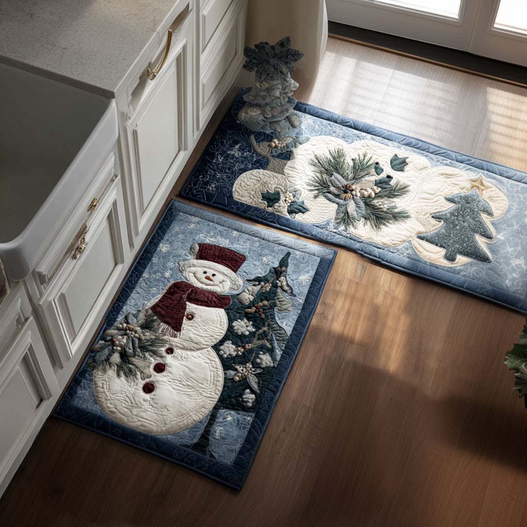 Joyful Frost kitchen mat set – snowman and snowy pines