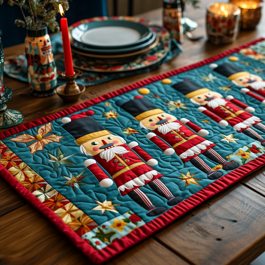 Nutcracker Teal quilted table runner – nutcrackers on teal