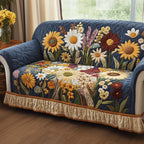 Joyful Petal quilted sofa cover with a meadow of sunflowers, daisies and poppies on deep denim blue with a cream frilled skirt