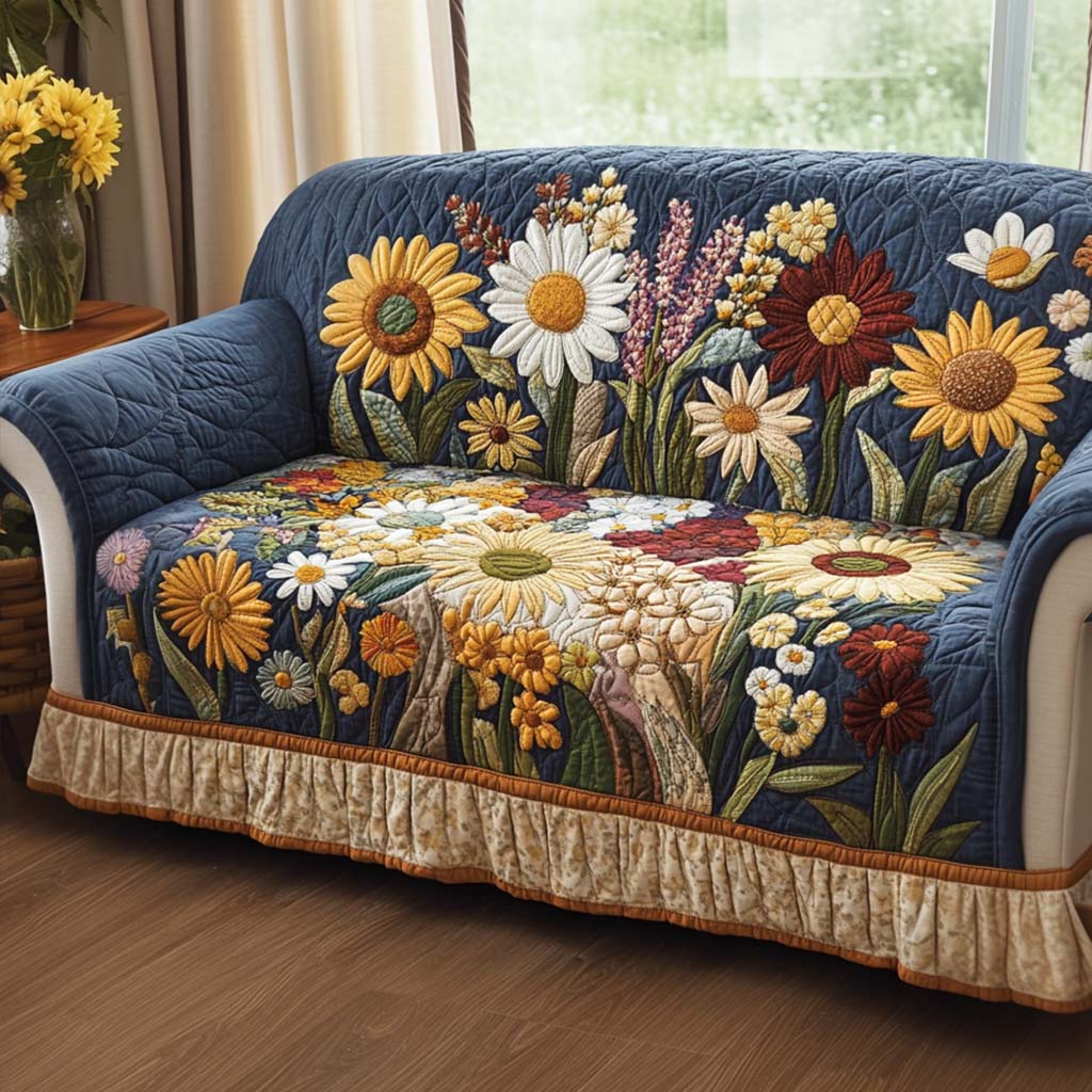 Joyful Petal quilted sofa cover with a meadow of sunflowers, daisies and poppies on deep denim blue with a cream frilled skirt
