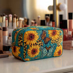 Quilted make-up bag with large open sunflowers in warm yellow and burnt gold against deep green leaves in the Joyful Petals design