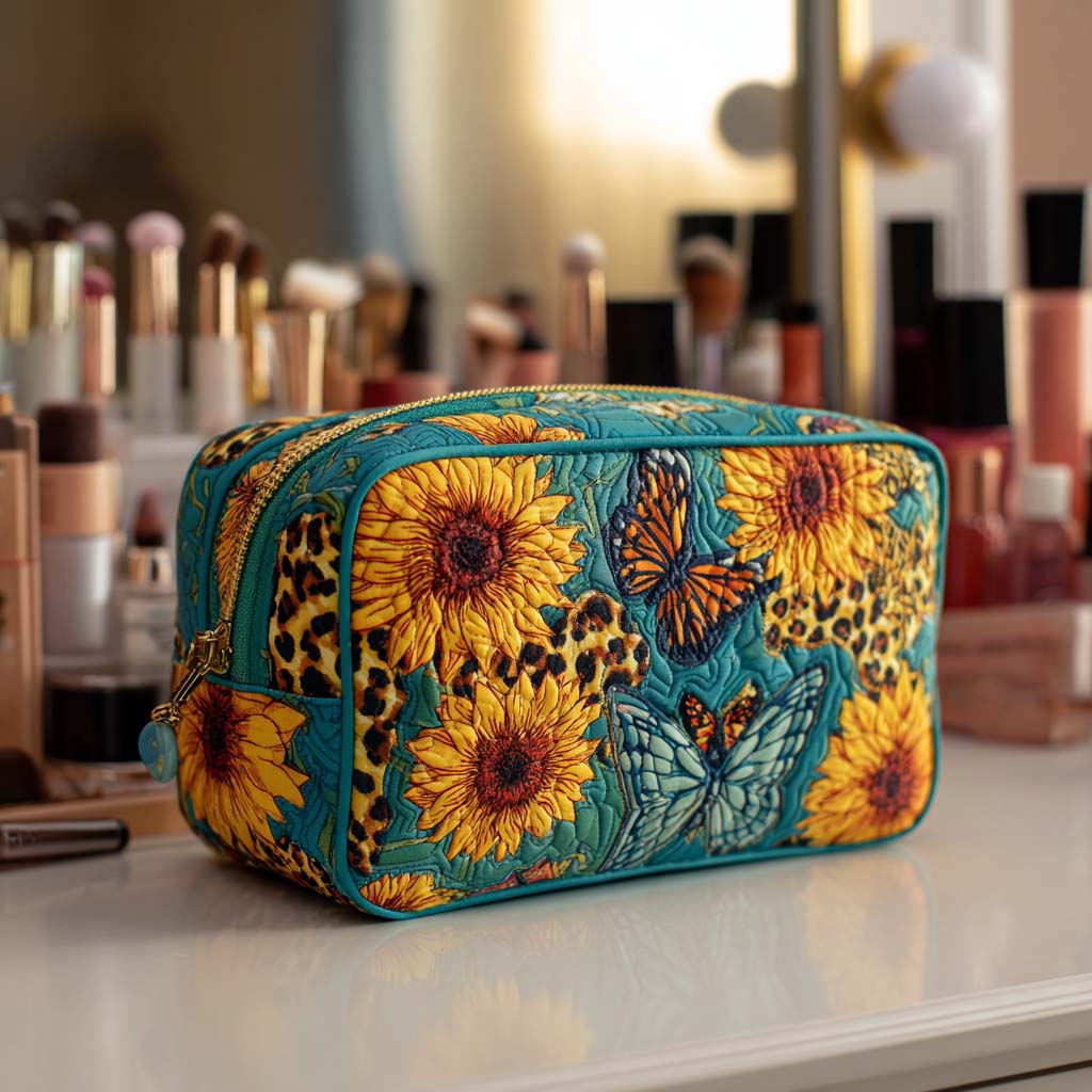 Quilted make-up bag with large open sunflowers in warm yellow and burnt gold against deep green leaves in the Joyful Petals design