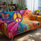Rainbow Peace Burst quilted sofa cover – peace sign in rainbow rays