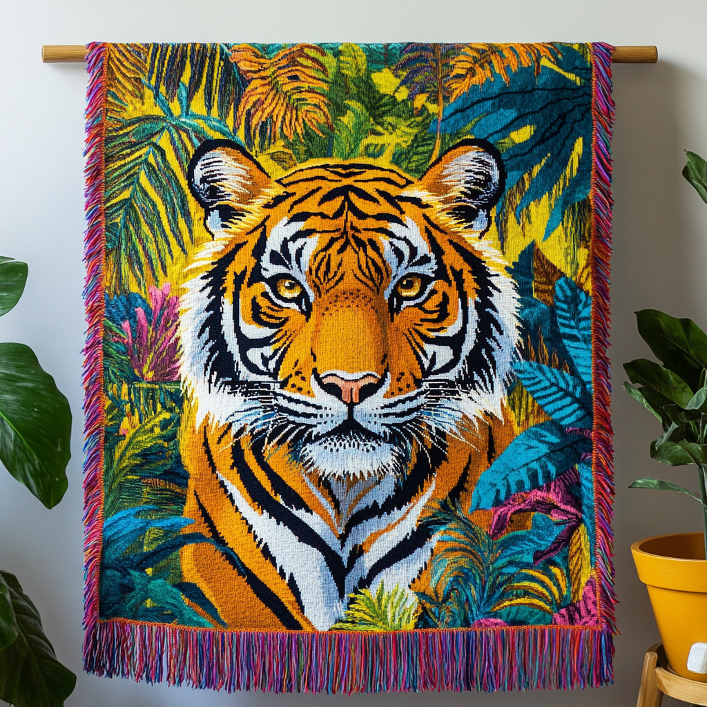 Tiger in the Leaves woven sofa throw – tiger among tropical leaves