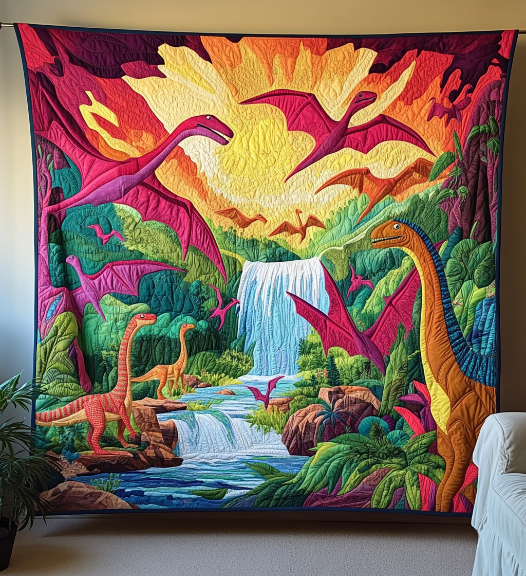 Dinosaur Waterfall art quilt – dinosaurs by a waterfall