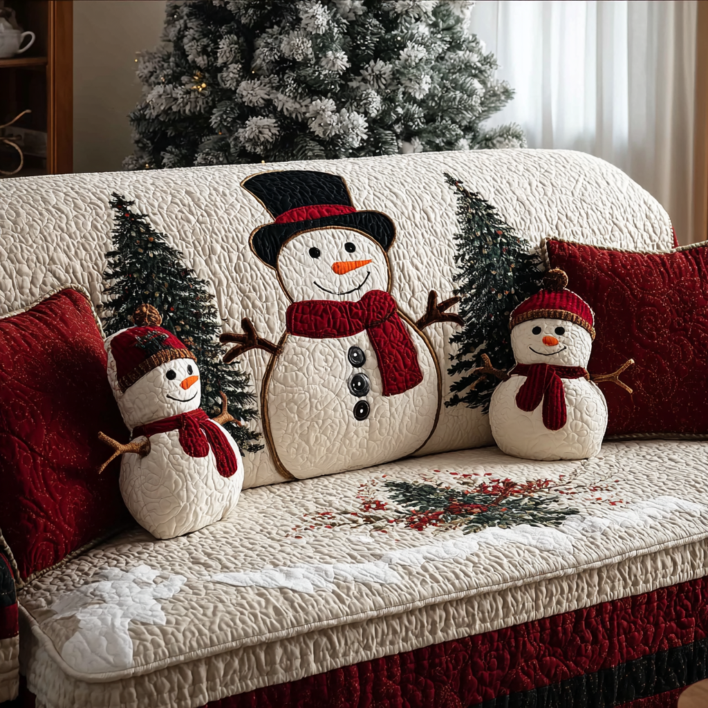 Snowman Family quilted sofa cover – snowman family among pines