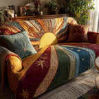 Rustic Dawn Rays quilted sofa cover – golden sun with patchwork rays