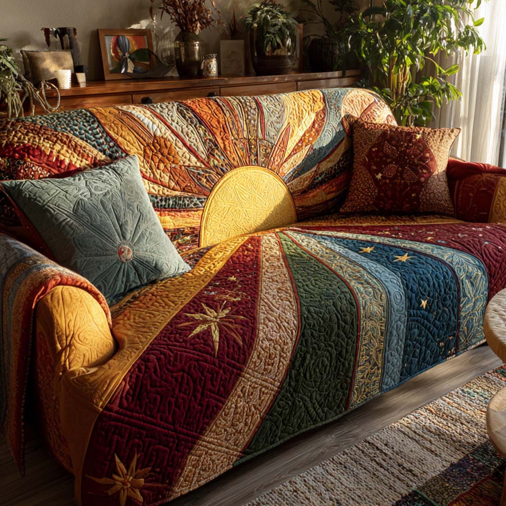Rustic Dawn Rays quilted sofa cover – golden sun with patchwork rays