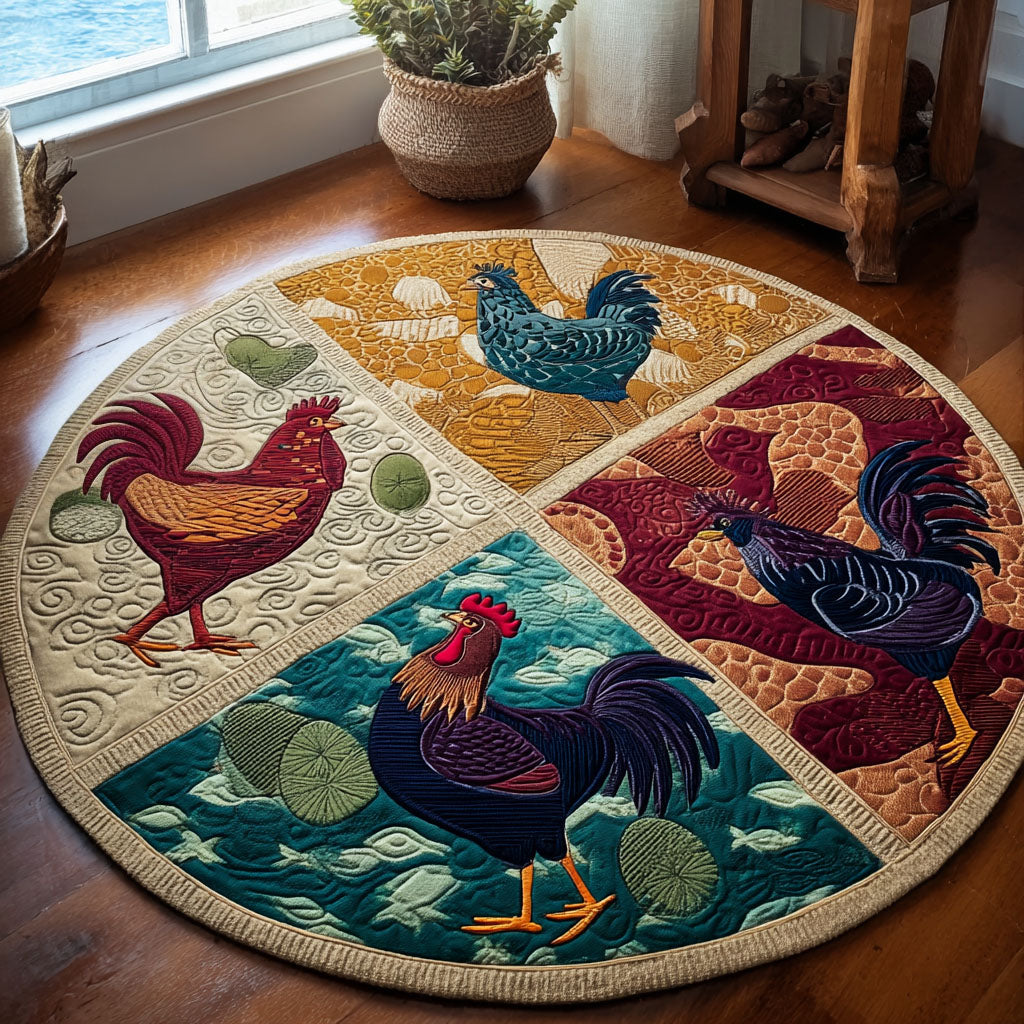 Kaleido Roosters round rug – roosters in quarters