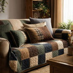 Timeless Patchwork quilted sofa cover – navy and burgundy patchwork squares