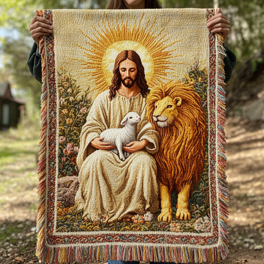 Jesus with Lion and Lamb fringed throw – Jesus holding a lamb beside a lion