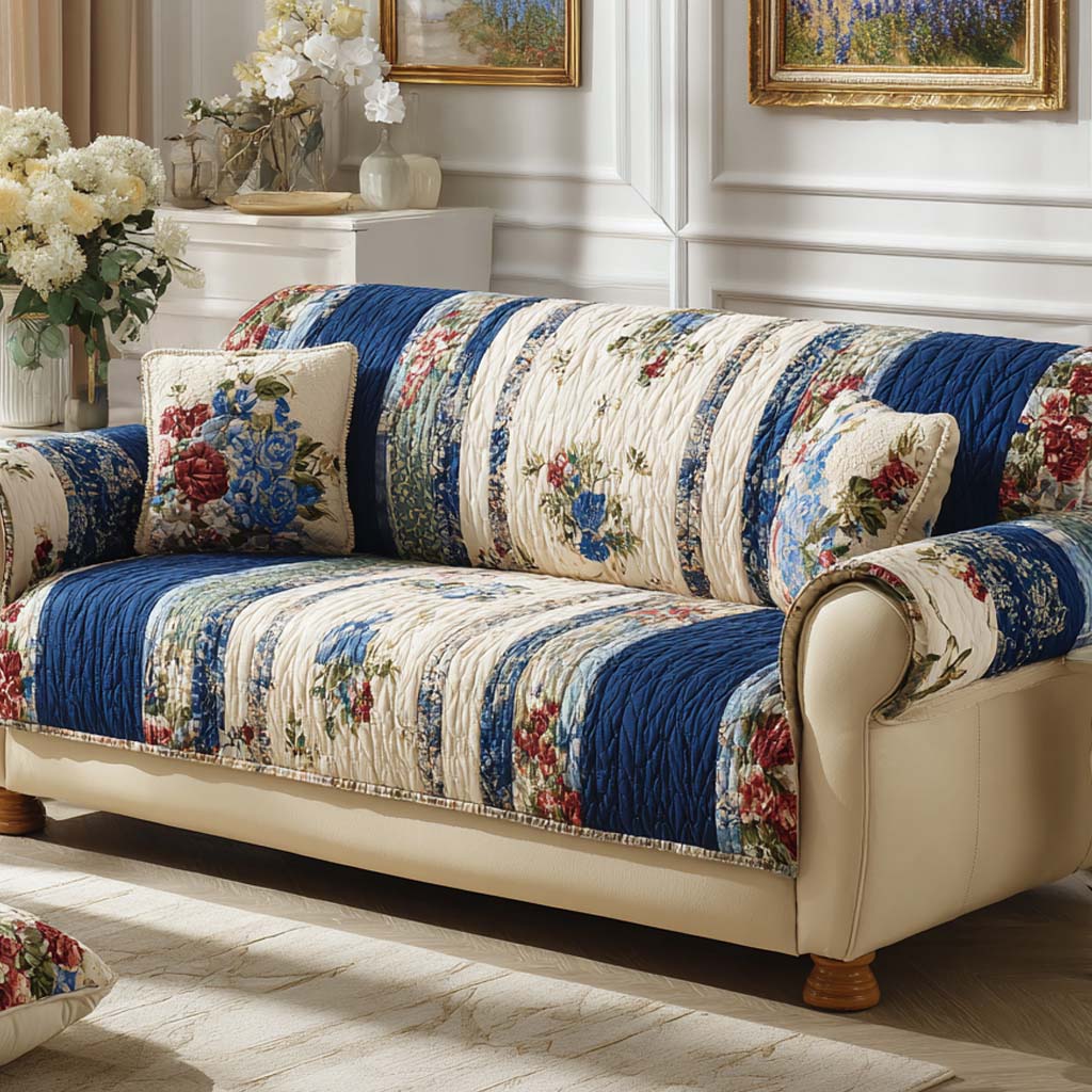 Blue Floral Stripes quilted sofa cover – blue florals and cream stripes