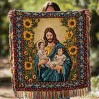 Jesus and Children quilted throw – jesus holding children framed by sunflowers