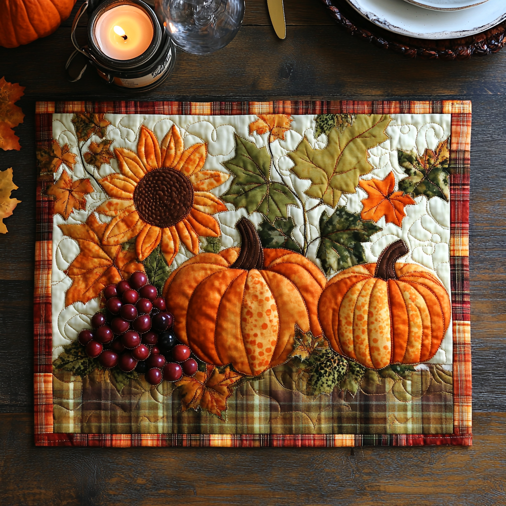 Tartan Harvest quilted placemats – pumpkins and sunflowers