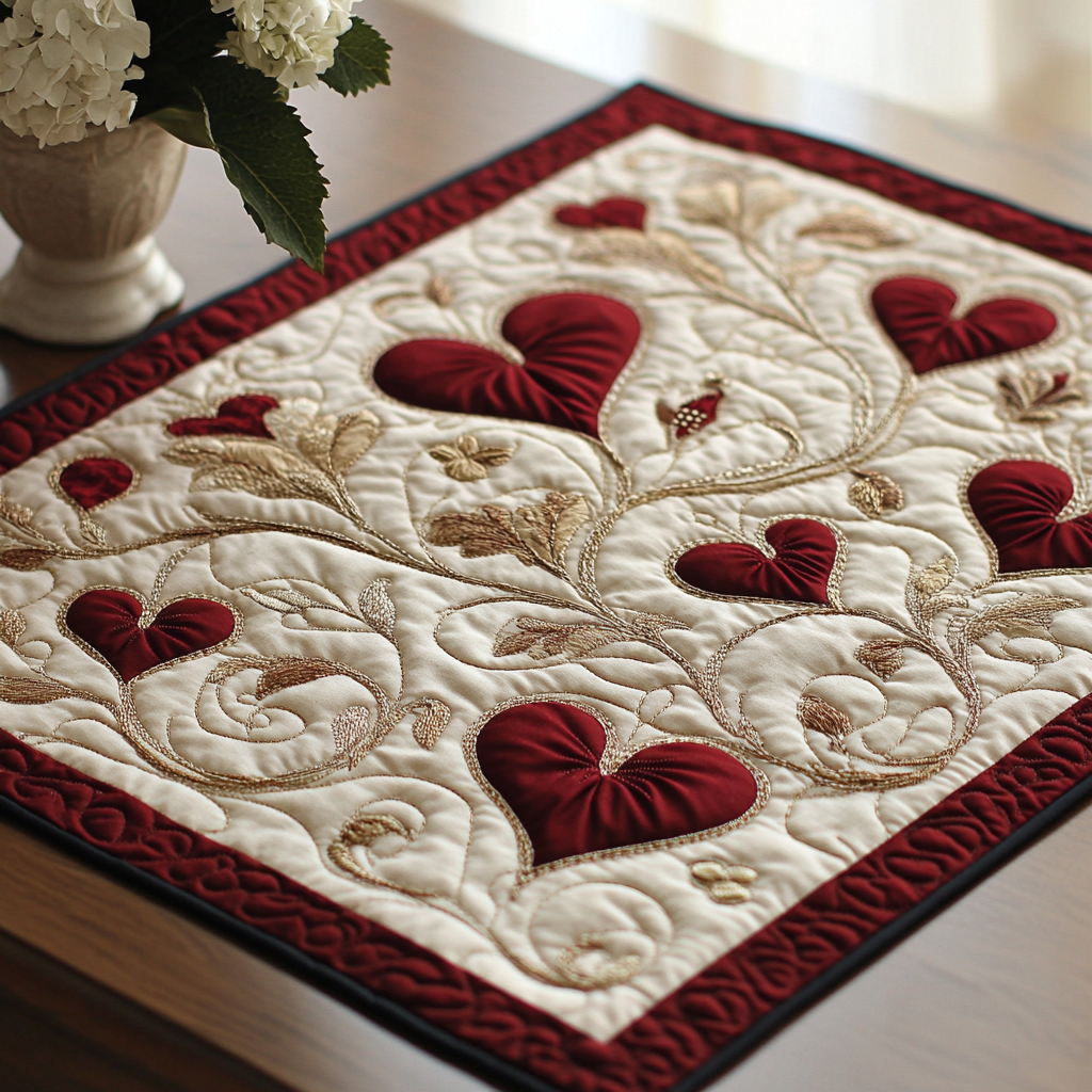 Heart Flourish quilted placemats – hearts and swirls