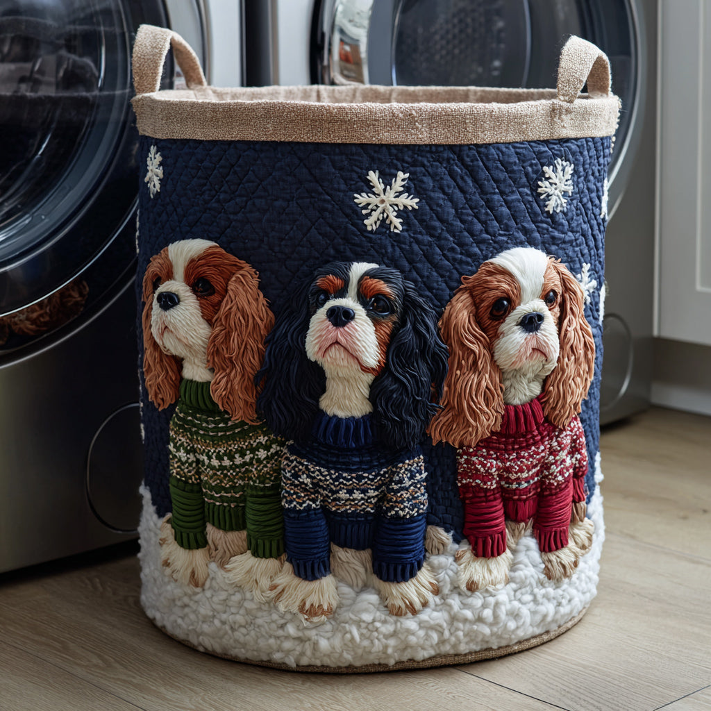 Quilted laundry basket with a King Charles Spaniel design of a spaniel wearing a chunky knitted jumper, with wave stitching and carry handles