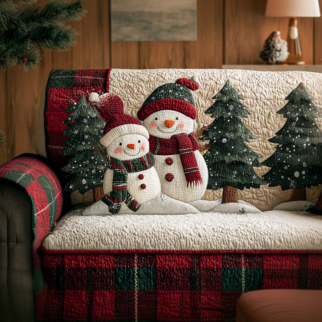 Snowman Pine Grove quilted sofa cover – snowmen among green pines