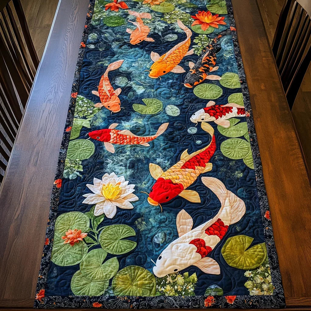Quilted table runner with koi carp swimming among lily pads in orange, white and deep ink