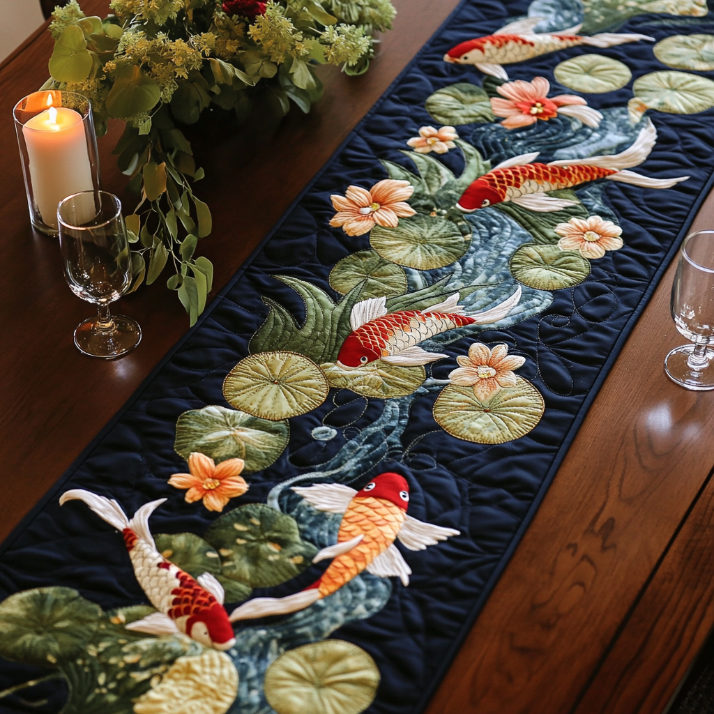 Koi Lily Pond quilted table runner – koi among lily pads