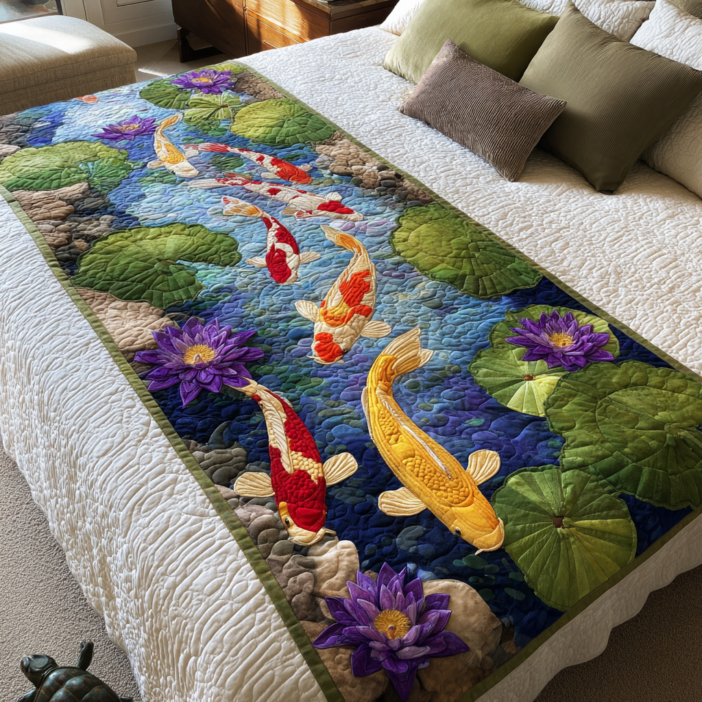 Koi and Lily Pads quilted bed runner – koi among lily pads on deep blue