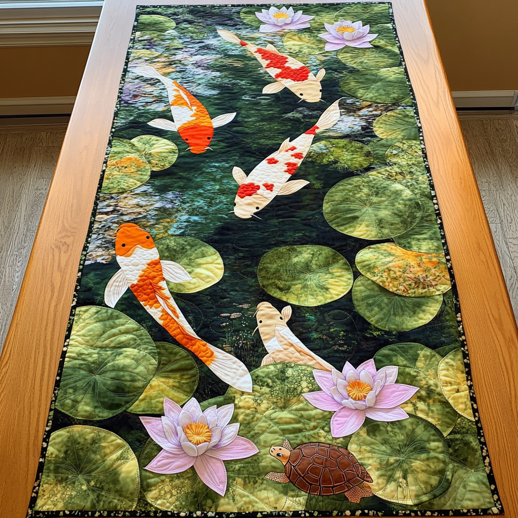 Koi Garden quilted table runner – koi between lily pads
