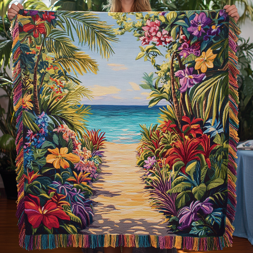 Garden Path to the Sea quilted throw – sandy path through flowers to the sea
