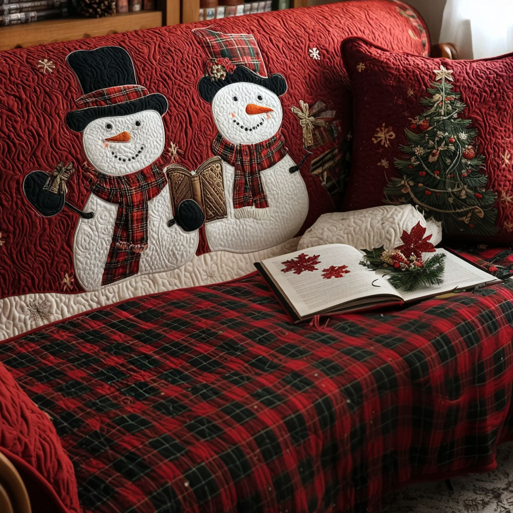 Tartan Snowman Couple quilted sofa cover – snowmen above red tartan