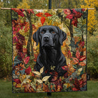 Black Labrador in the Woods quilted throw – black Labrador among autumn leaves