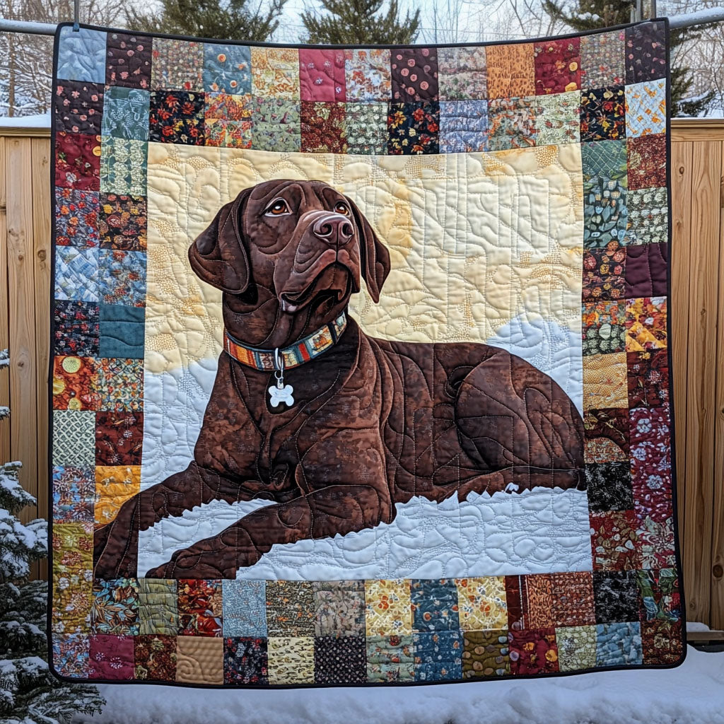 Chocolate Labrador quilted throw – chocolate Labrador with a patchwork frame