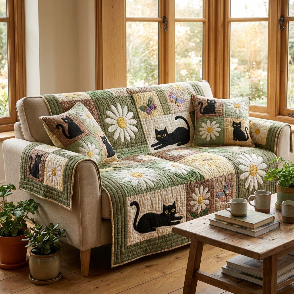 Cats and Daisies quilted sofa cover – black cats with daisies