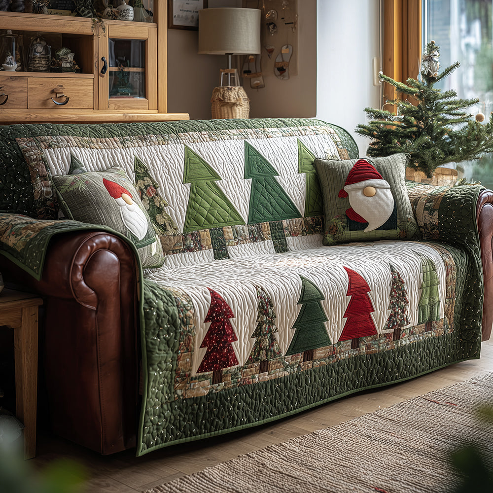 Santa's Pine Forest quilted sofa cover – santa among red and green pines
