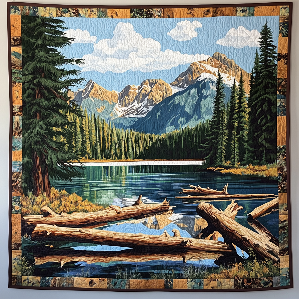 Lakeside Logs art quilt – lakeside with logs