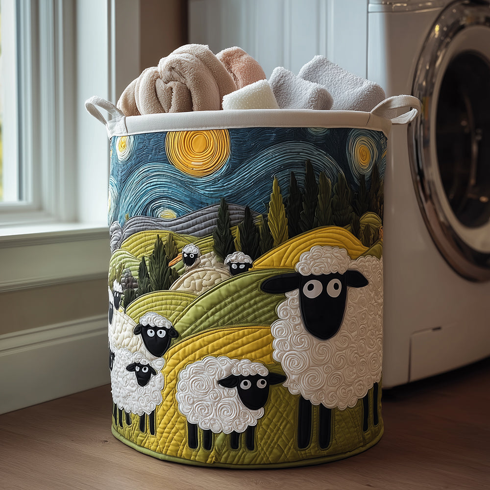 Quilted laundry basket with sheep grazing under a swirling starry sky
