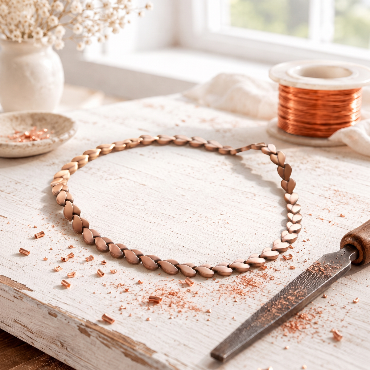 Copper necklace made of small heart-shaped links like a garland of laurel leaves