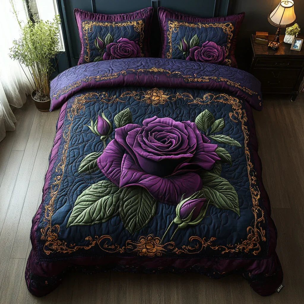 Quilted bedspread set with full-blown roses in violet, plum and dusky mauve with deep green leaves, the Violet Rose design