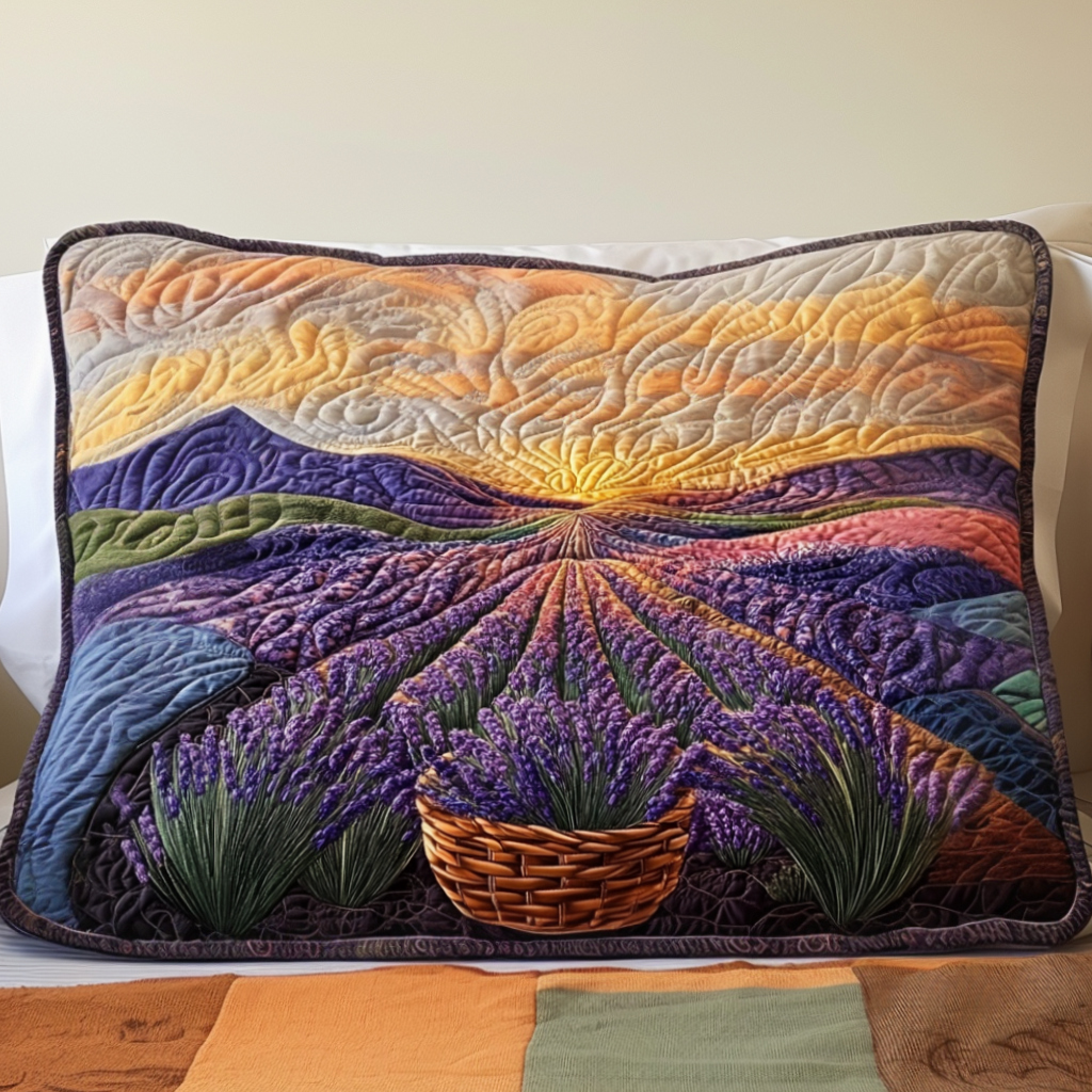 Lavender Sunset quilted pillowcase – lavender rows towards a golden sunset