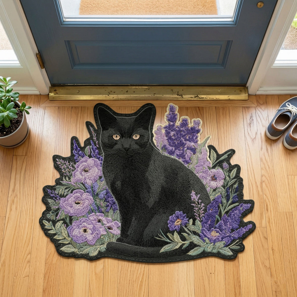 Lavender Cat shaped doormat – black cat and lavender
