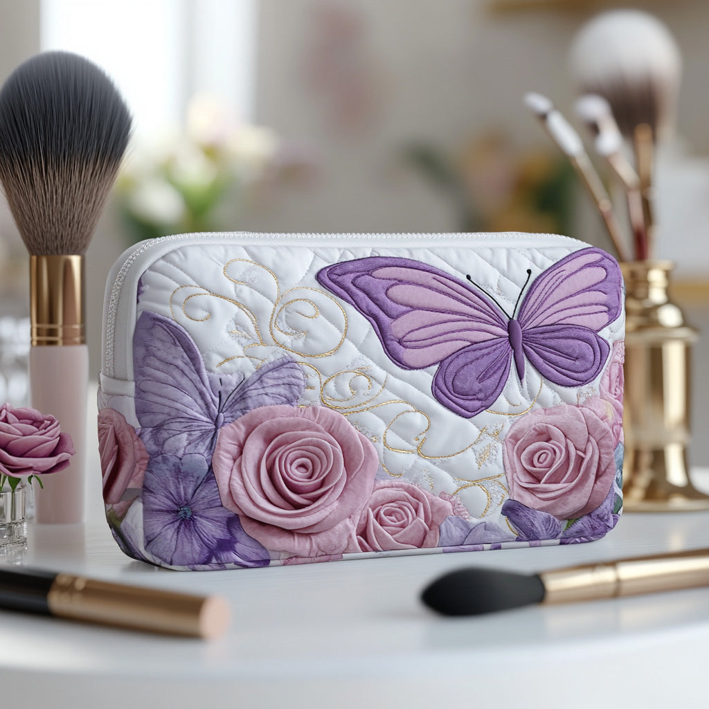 Quilted make-up bag with layered roses in dusty lavender and pale mauve, threaded with muted green leaves, in the Lavender Grace design