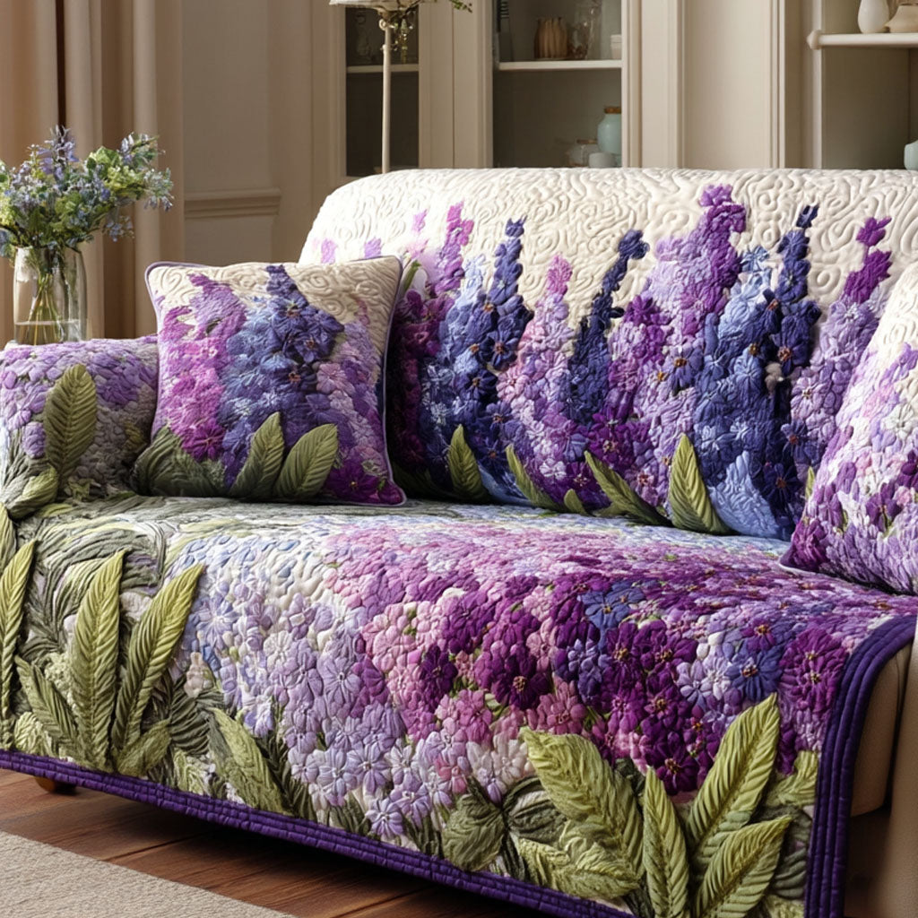 Lavender Lupins quilted sofa cover – purple lupins and lilac blooms