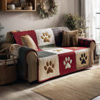 Red Paw Squares quilted sofa cover – paw prints in red and cream squares
